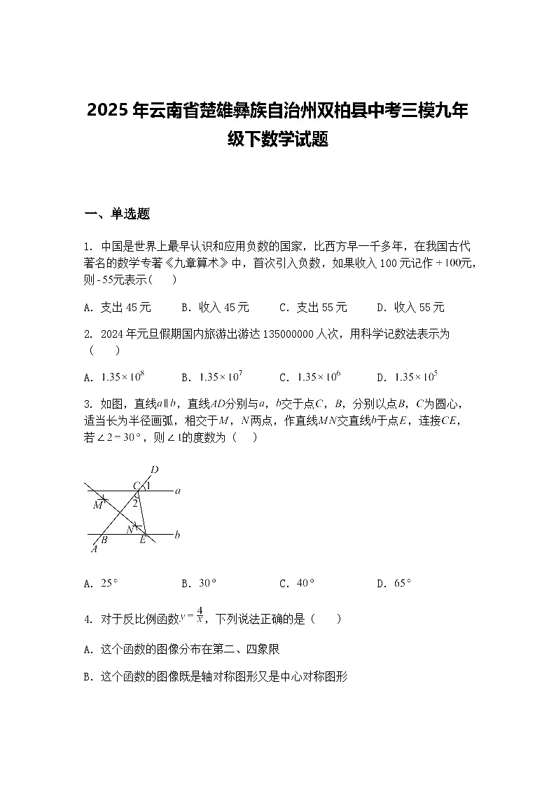 2025年云南省楚雄彝族自治州双柏县中考三模九年级下数学试题（含答案解析）第1页