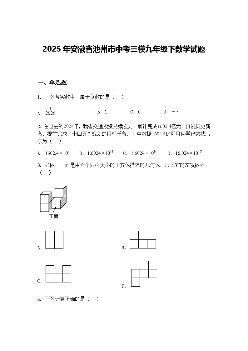 2025年安徽省池州市中考三模九年级下数学试题（含答案解析）第1页