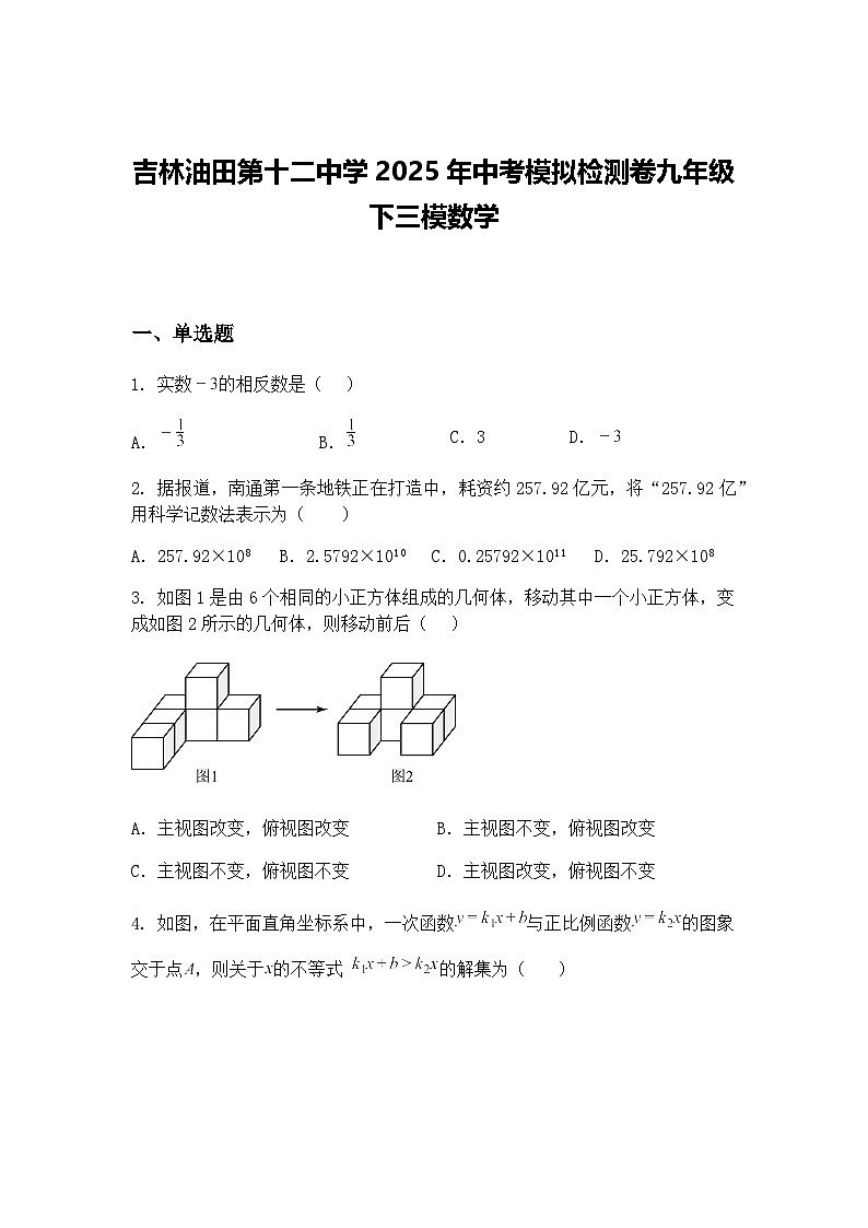 吉林油田第十二中学2025年中考模拟检测卷九年级下三模数学（含答案解析）第1页