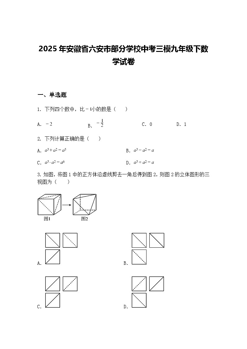 2025年安徽省六安市部分学校中考三模九年级下数学试卷（含答案解析）第1页