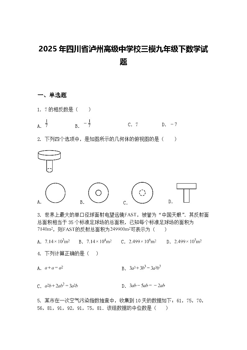 2025年四川省泸州高级中学校三模九年级下数学试题（含答案解析）第1页