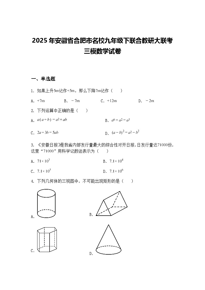 2025年安徽省合肥市名校九年级下联合教研大联考三模数学试卷（含答案解析）第1页