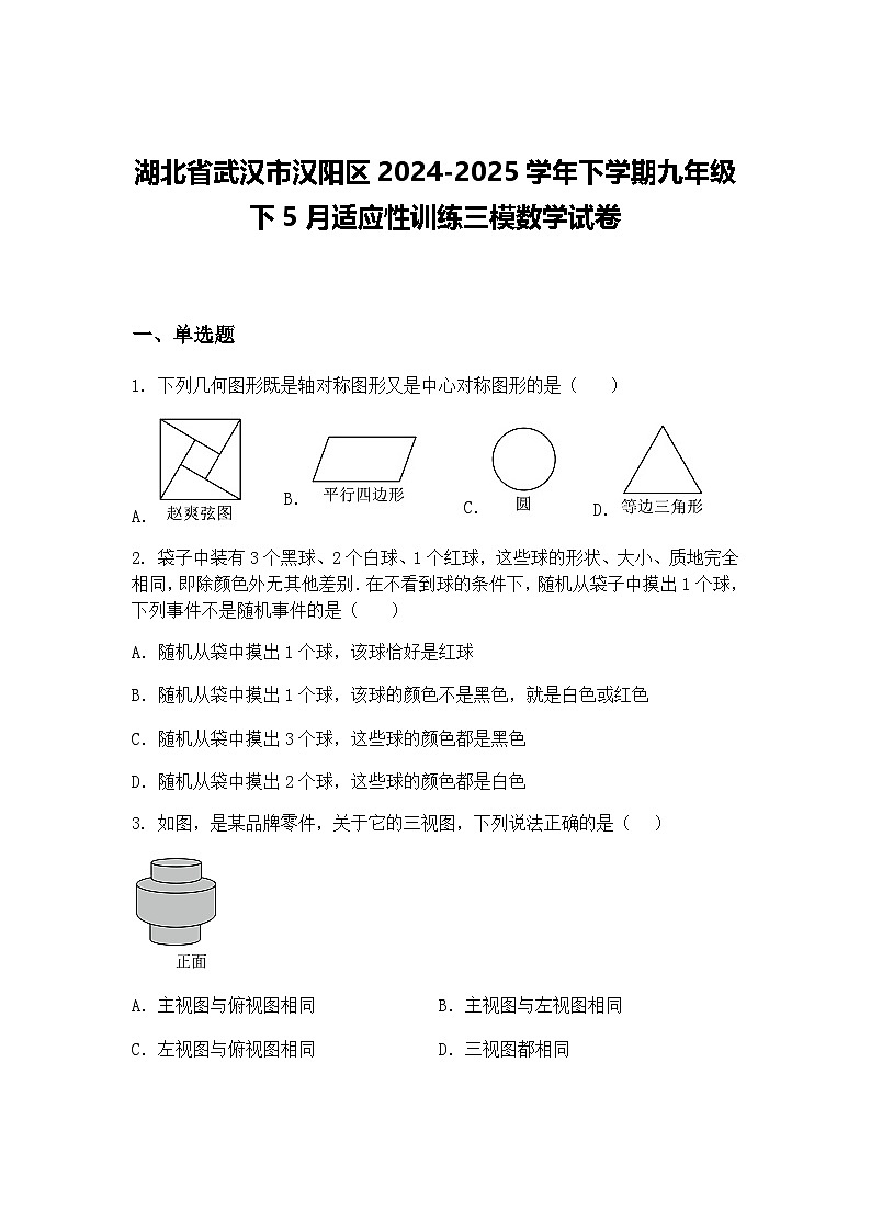 湖北省武汉市汉阳区2024-2025学年下学期九年级下5月适应性训练三模数学试卷（含答案解析）第1页