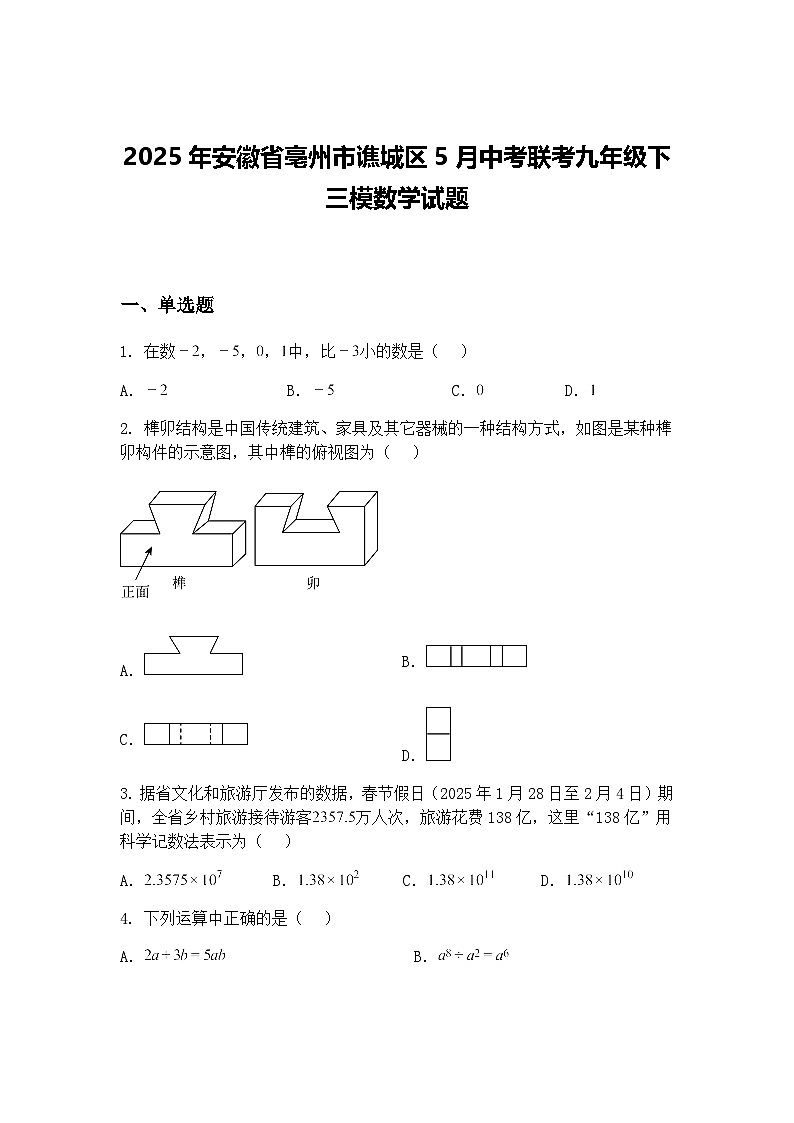 2025年安徽省亳州市谯城区5月中考联考九年级下三模数学试题（含答案解析）第1页