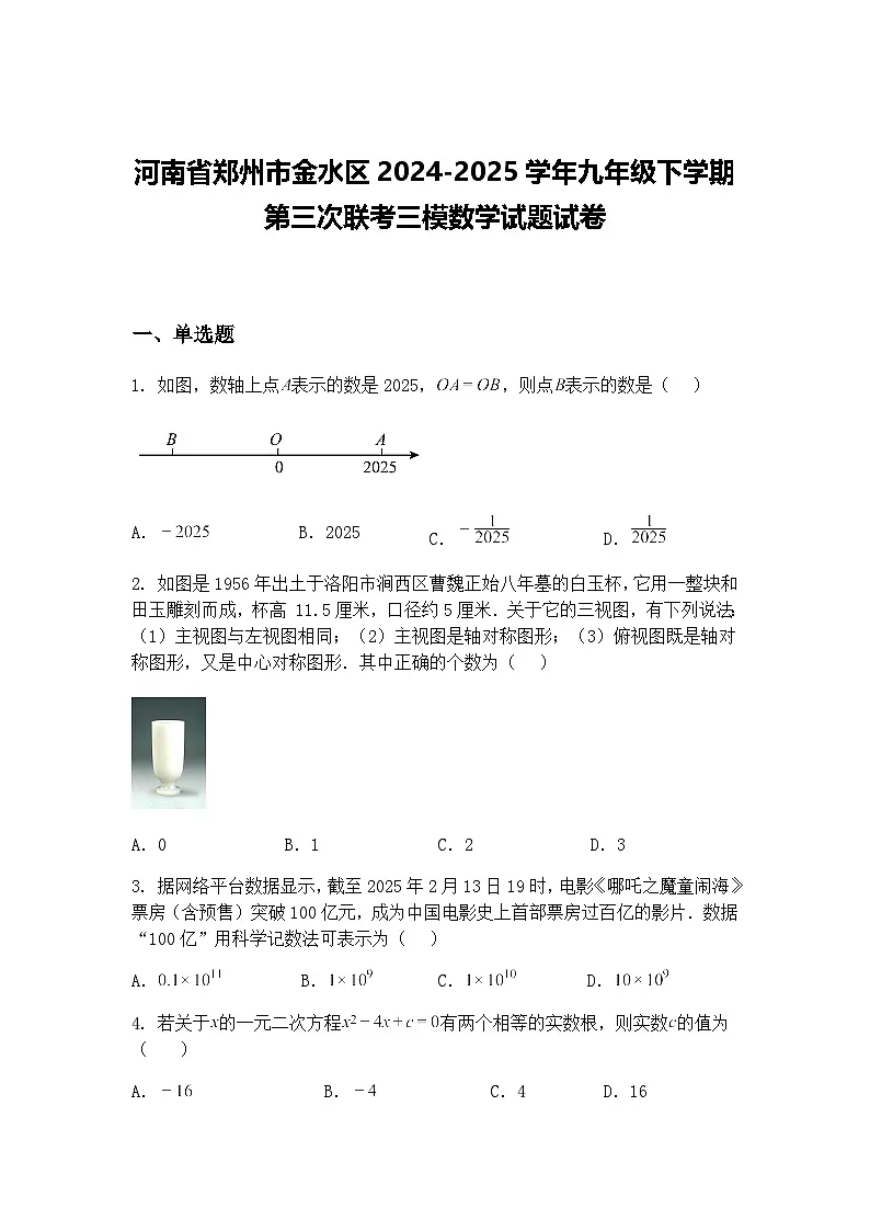 河南省郑州市金水区2024-2025学年九年级下学期第三次联考三模数学试题试卷（含答案解析）第1页