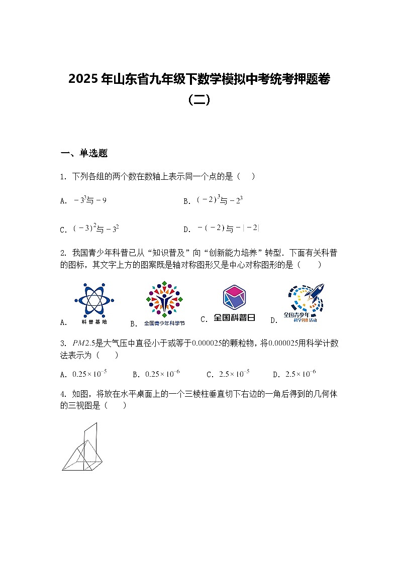2025年山东省九年级下数学模拟中考统考押题卷（二）（含答案解析）第1页