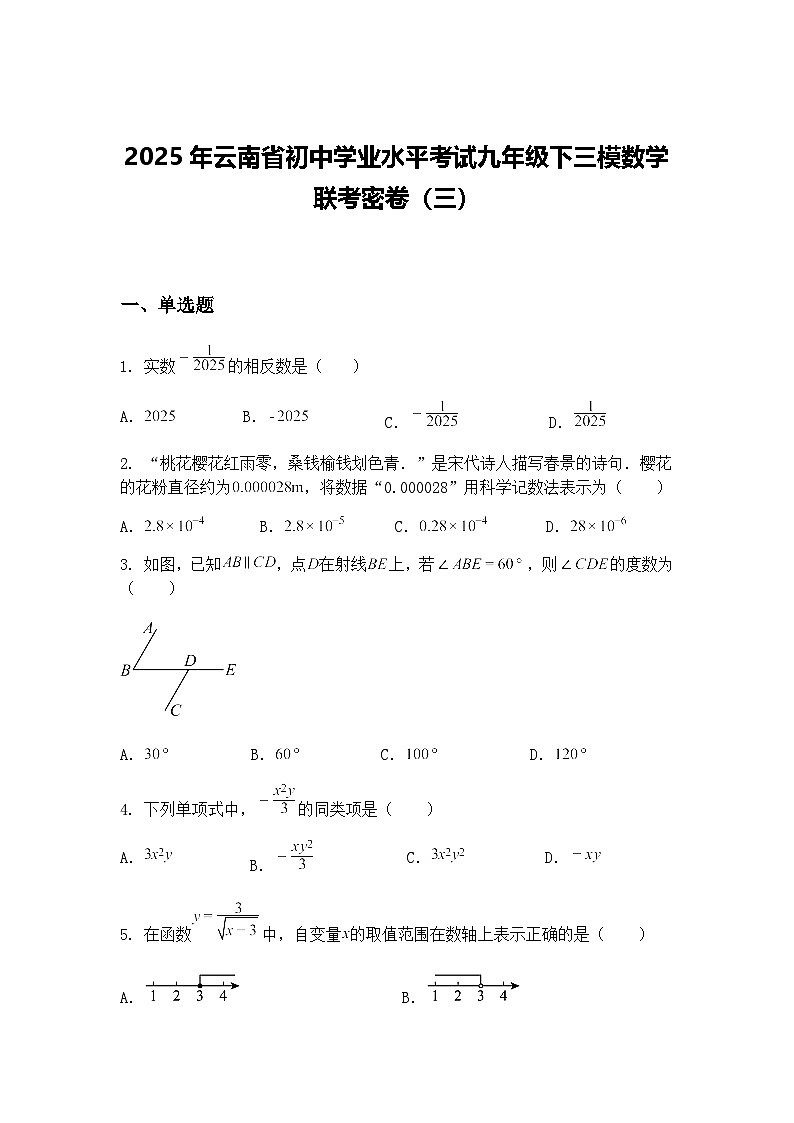 2025年云南省初中学业水平考试九年级下三模数学联考密卷（三）（含答案解析）第1页