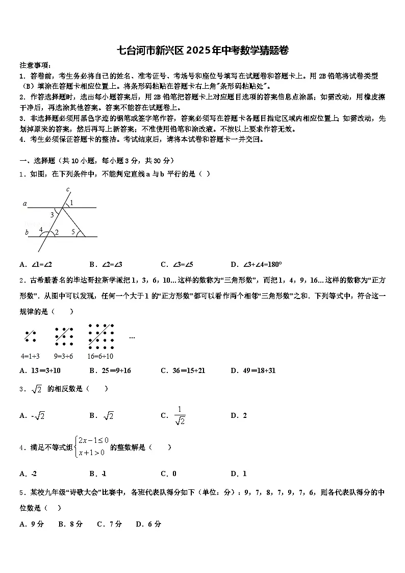 七台河市新兴区2025年中考数学猜题卷含解析第1页