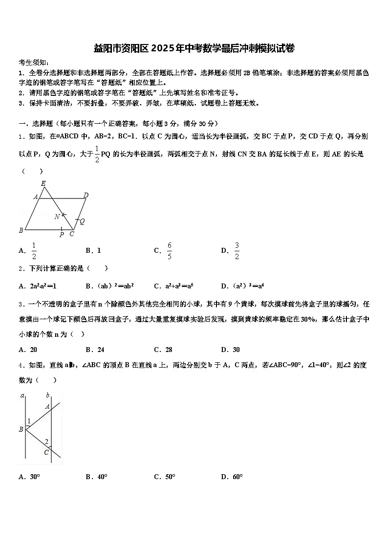 益阳市资阳区2025年中考数学最后冲刺模拟试卷含解析第1页