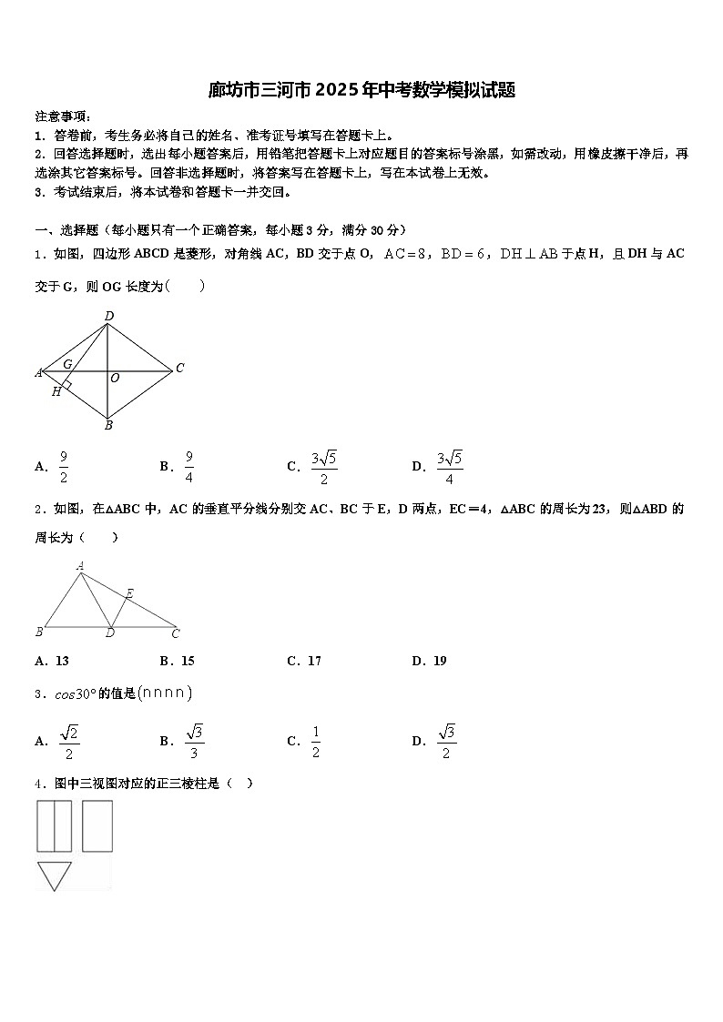 廊坊市三河市2025年中考数学模拟试题含解析第1页