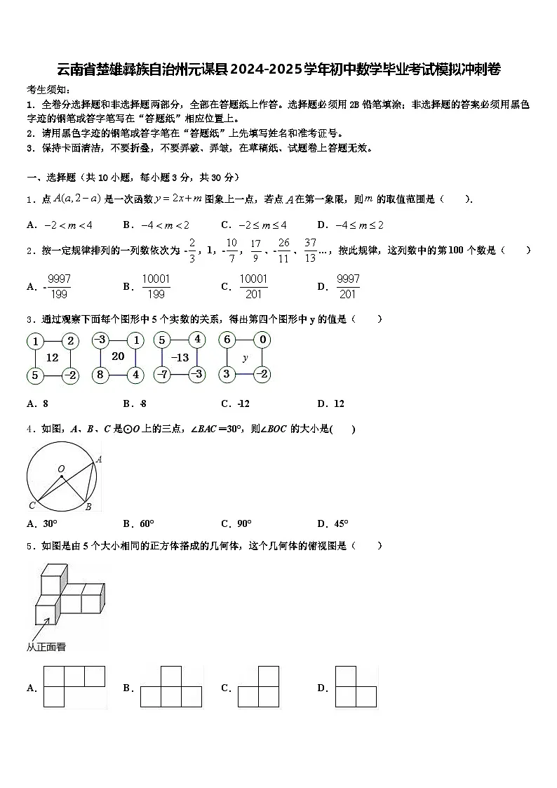 云南省楚雄彝族自治州元谋县2024-2025学年初中数学毕业考试模拟冲刺卷含解析第1页