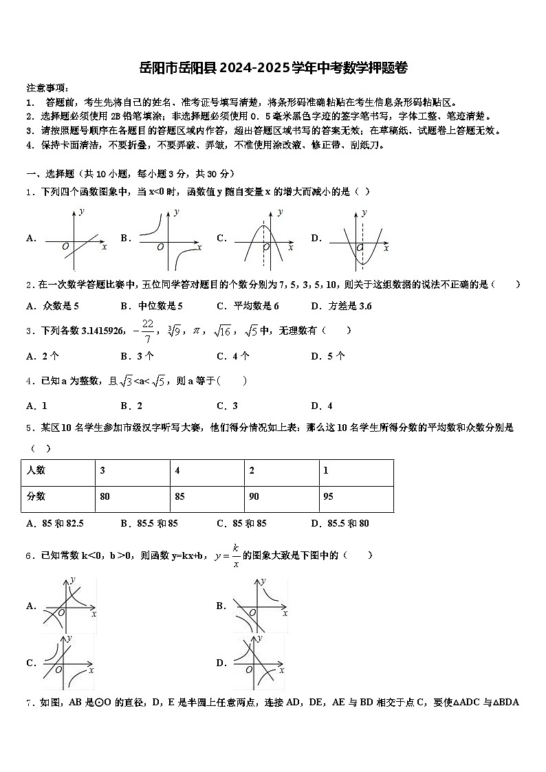 岳阳市岳阳县2024-2025学年中考数学押题卷含解析第1页