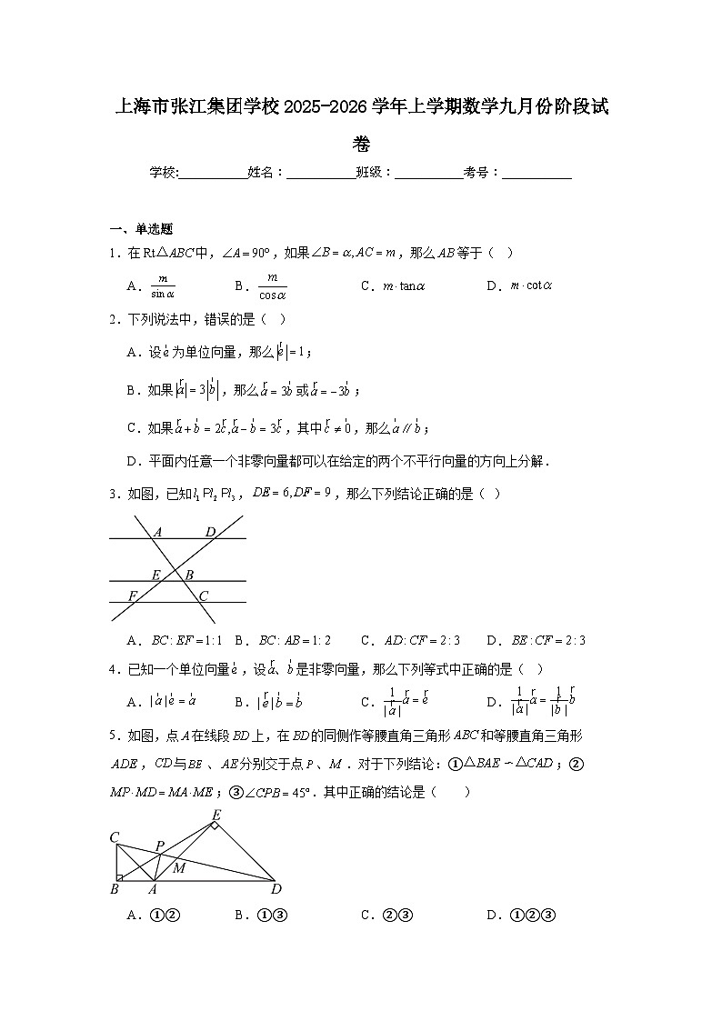 2025-2026学年上海市浦东新区张江集团学校九年级上学期九月月考数学试题第1页