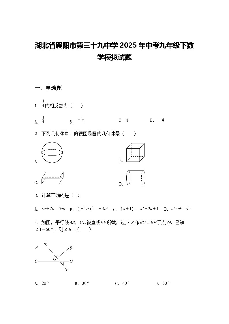 湖北省襄阳市第三十九中学2025年中考九年级下数学模拟试题（含答案解析）第1页