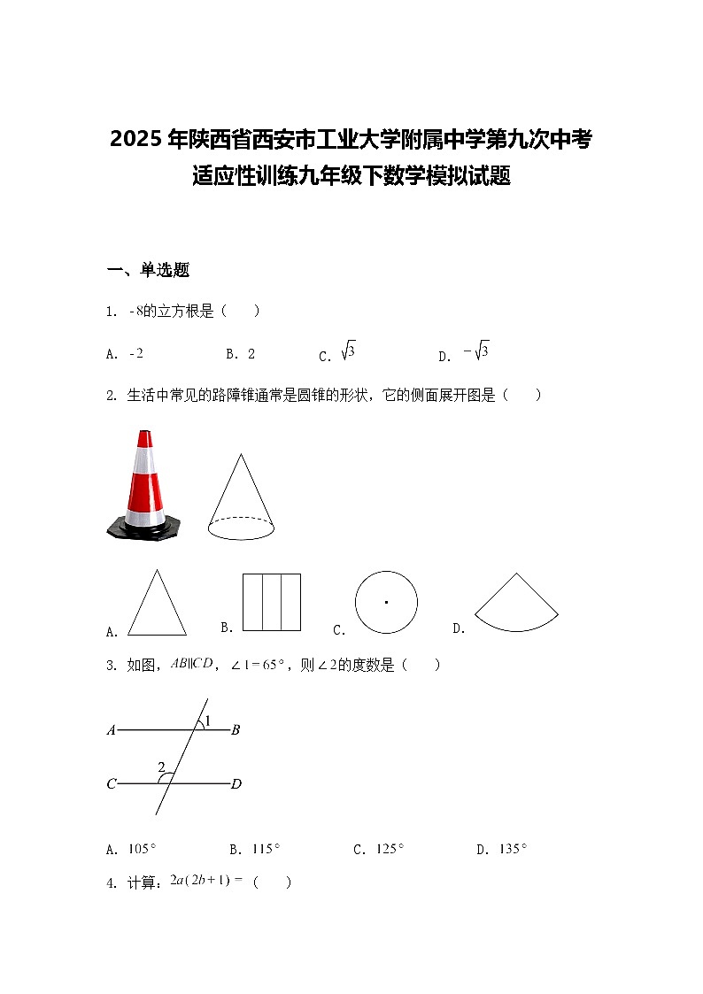 2025年陕西省西安市工业大学附属中学第九次中考适应性训练九年级下数学模拟试题（含答案解析）第1页