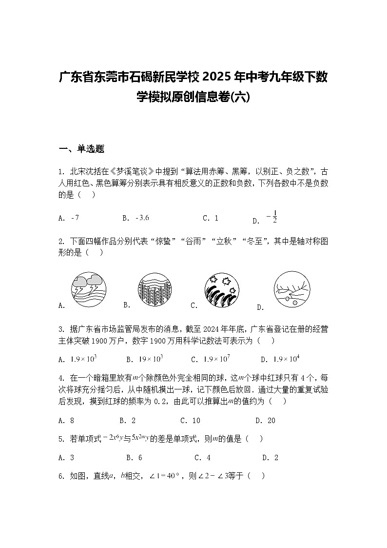广东省东莞市石碣新民学校2025年中考九年级下数学模拟原创信息卷(六)（含答案解析）第1页