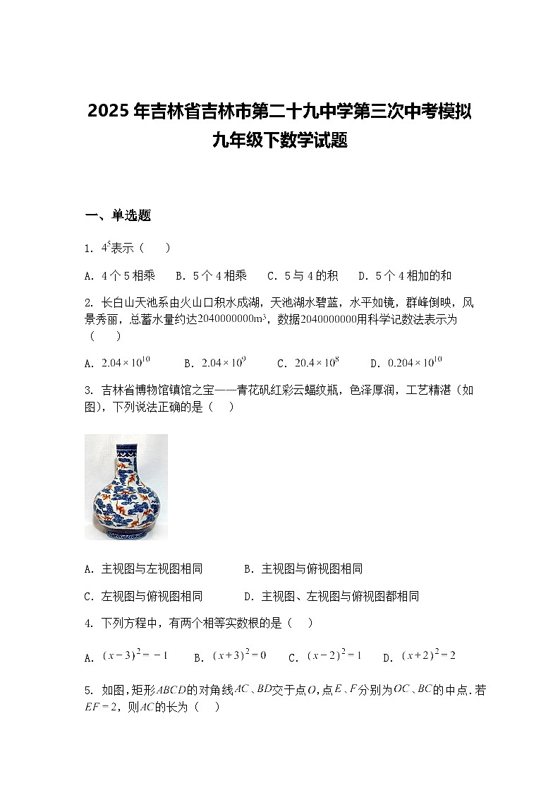 2025年吉林省吉林市第二十九中学第三次中考模拟九年级下数学试题（含答案解析）第1页
