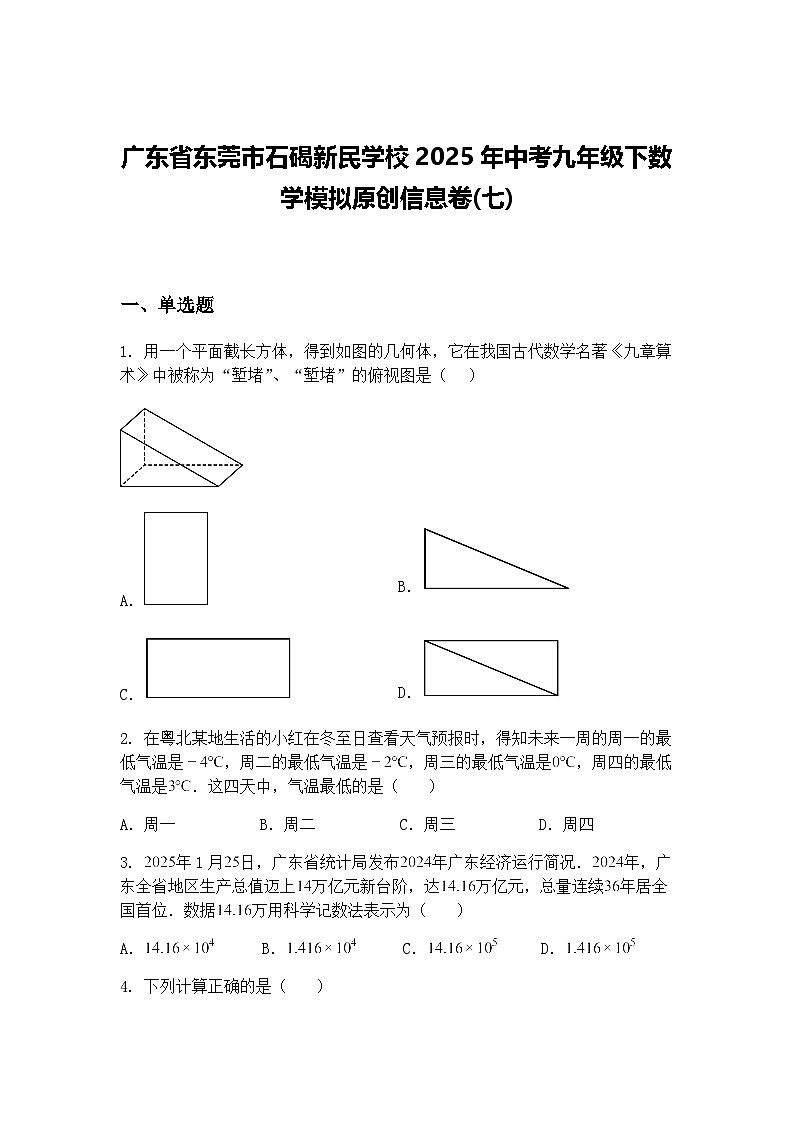 广东省东莞市石碣新民学校2025年中考九年级下数学模拟原创信息卷(七)（含答案解析）第1页