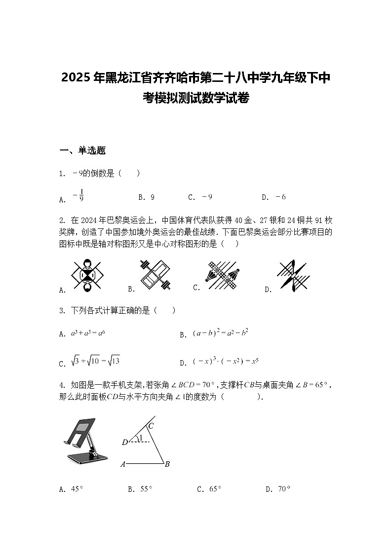2025年黑龙江省齐齐哈市第二十八中学九年级下中考模拟测试数学试卷（含答案解析）第1页