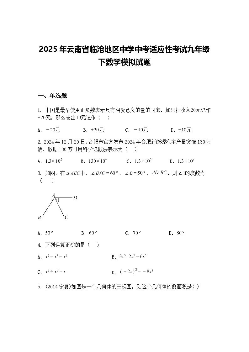 2025年云南省临沧地区中学中考适应性考试九年级下数学模拟试题（含答案解析）第1页