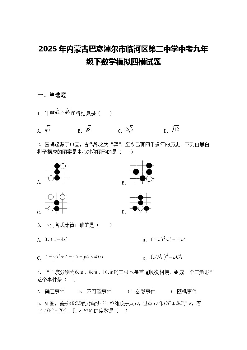 2025年内蒙古巴彦淖尔市临河区第二中学中考九年级下数学模拟四模试题（含答案解析）第1页