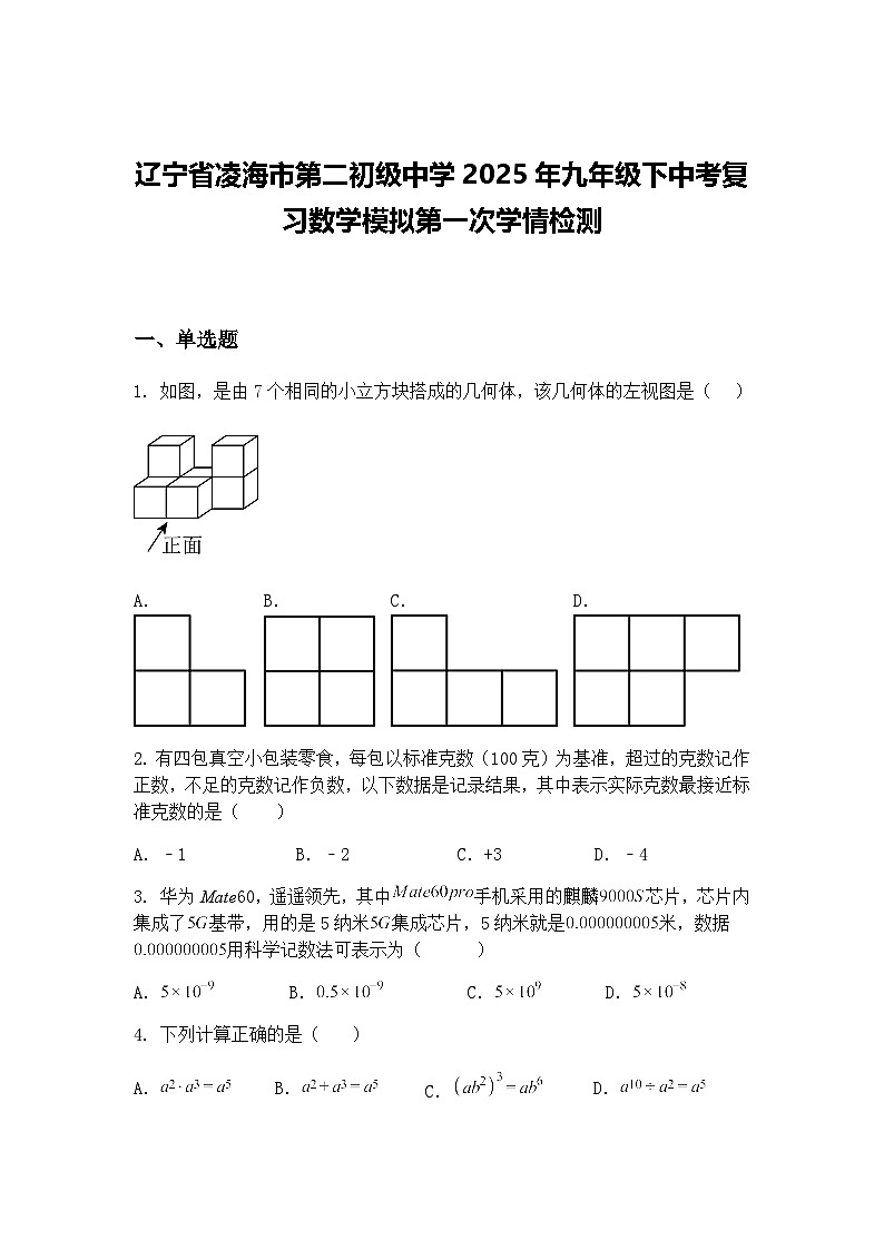 辽宁省凌海市第二初级中学2025年九年级下中考复习数学模拟第一次学情检测（含答案解析）第1页