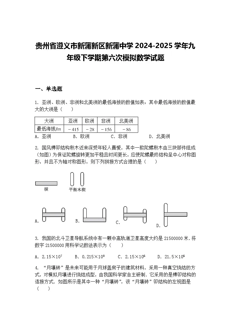 贵州省遵义市新蒲新区新蒲中学2024-2025学年九年级下学期第六次模拟数学试题（含答案解析）第1页