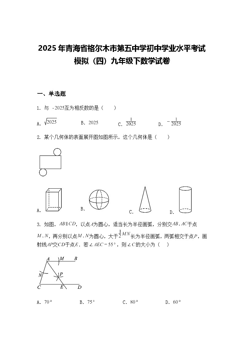 2025年青海省格尔木市第五中学初中学业水平考试模拟（四）九年级下数学试卷（含答案解析）第1页
