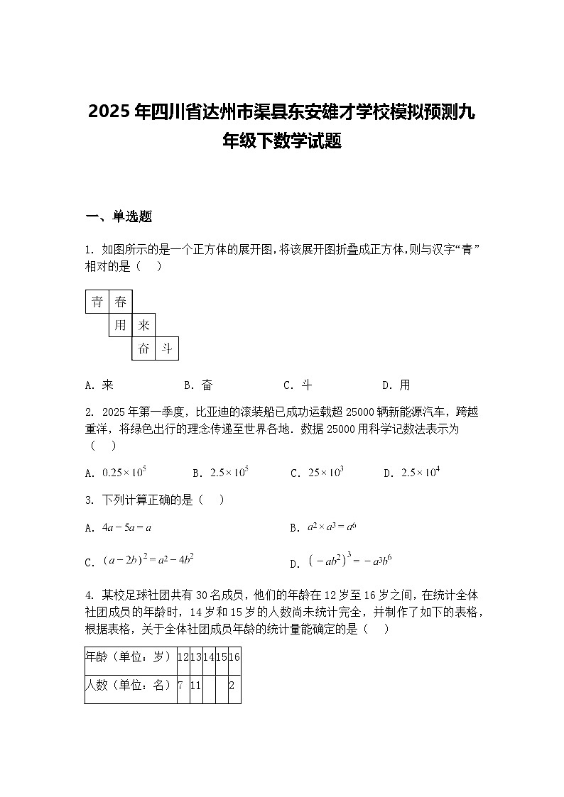 2025年四川省达州市渠县东安雄才学校模拟预测九年级下数学试题（含答案解析）第1页
