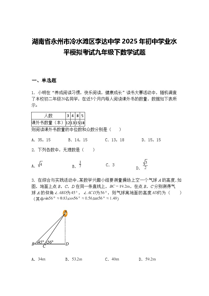 湖南省永州市冷水滩区李达中学2025年初中学业水平模拟考试九年级下数学试题（含答案解析）第1页