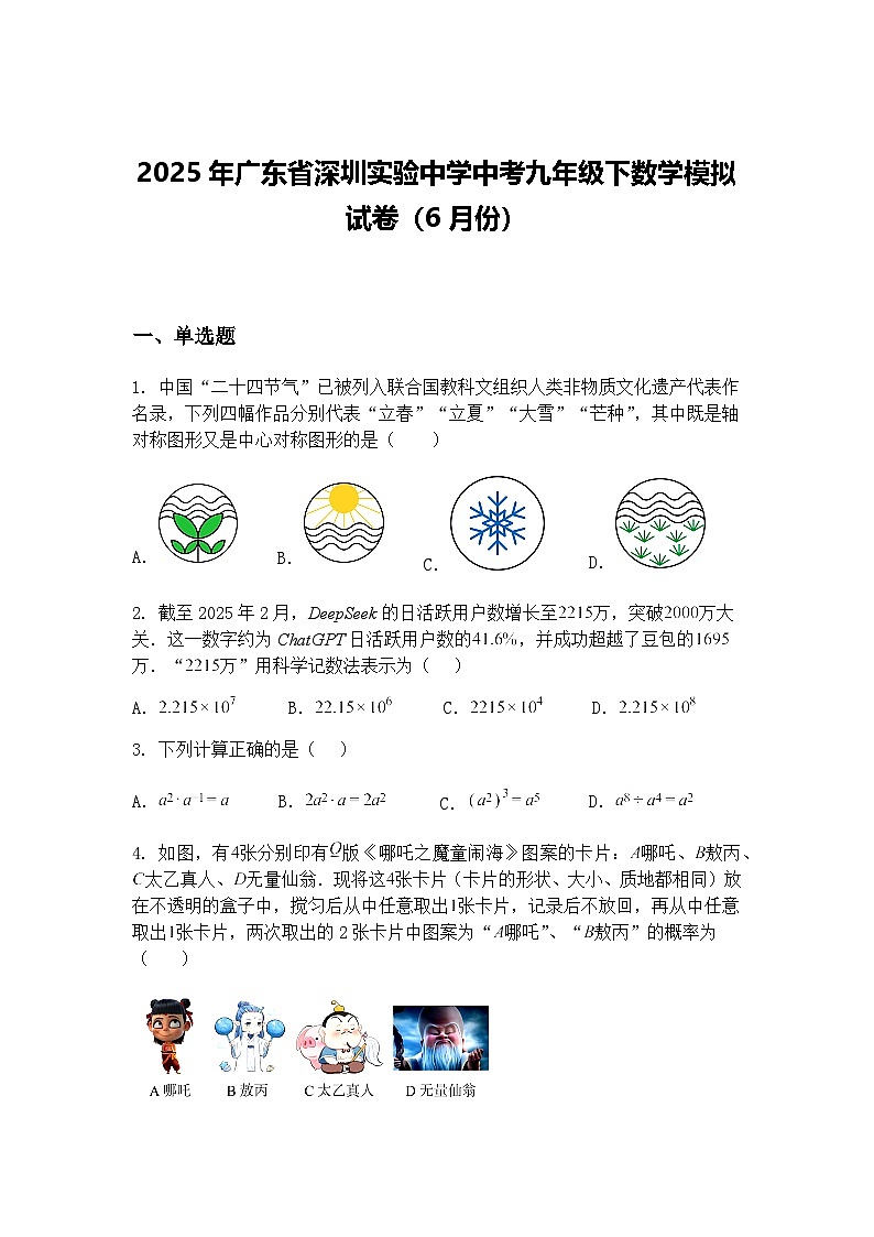 2025年广东省深圳实验中学中考九年级下数学模拟试卷（6月份）（含答案解析）第1页