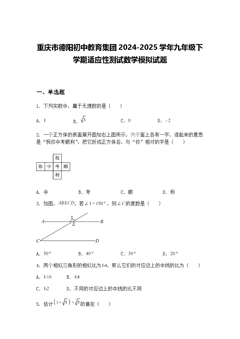 重庆市德阳初中教育集团2024-2025学年九年级下学期适应性测试数学模拟试题（含答案解析）第1页
