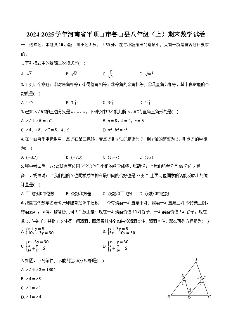 2024-2025学年河南省平顶山市鲁山县八年级（上）期末数学试卷-自定义类型第1页