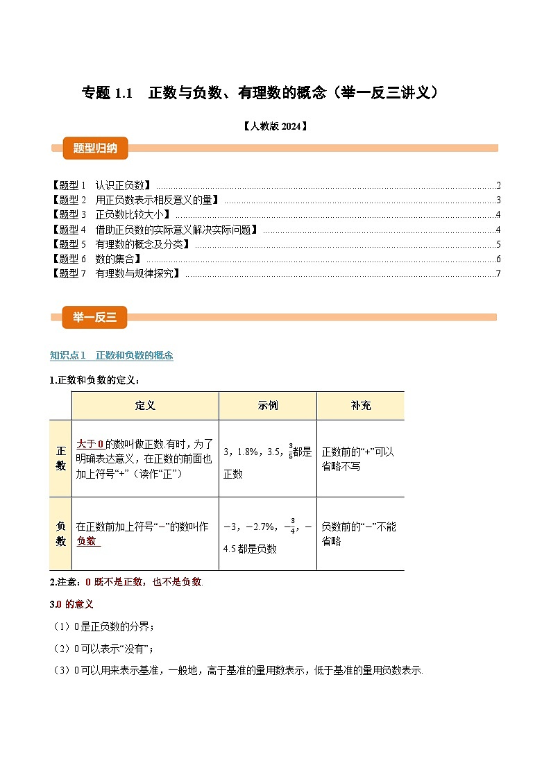 人教版2026年七年级上册数学举一反三专题1.1正数与负数、有理数的概念(原卷版+解析)第1页