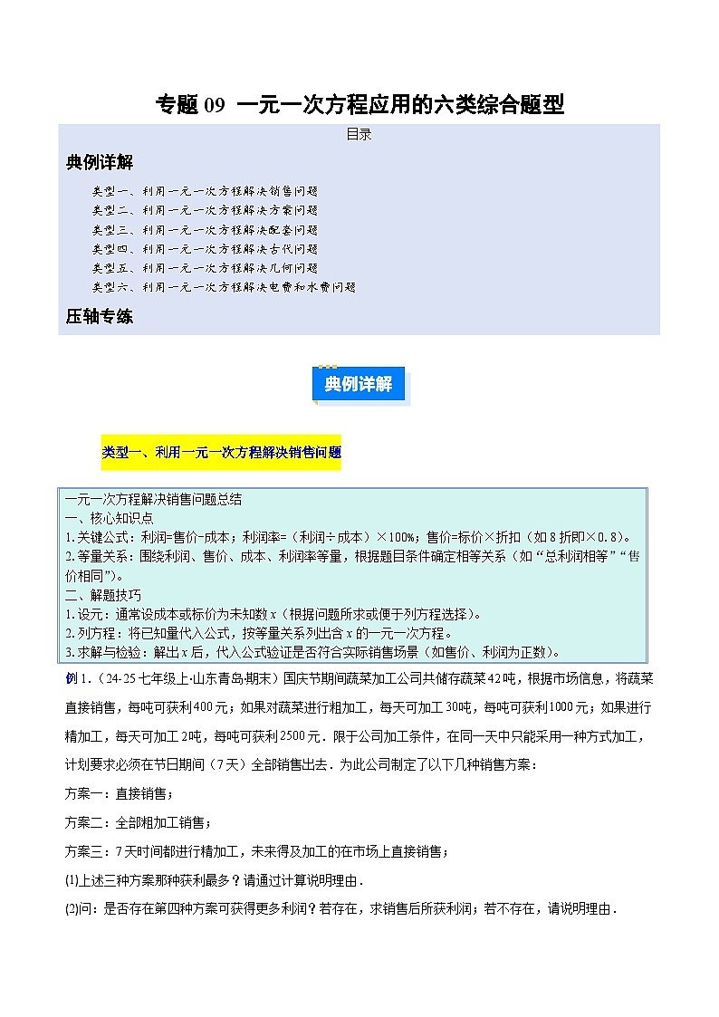 人教版2026学年七年级数学上册压轴题专项训练专题09一元一次方程应用的六类综合题型(原卷版+解析)第1页