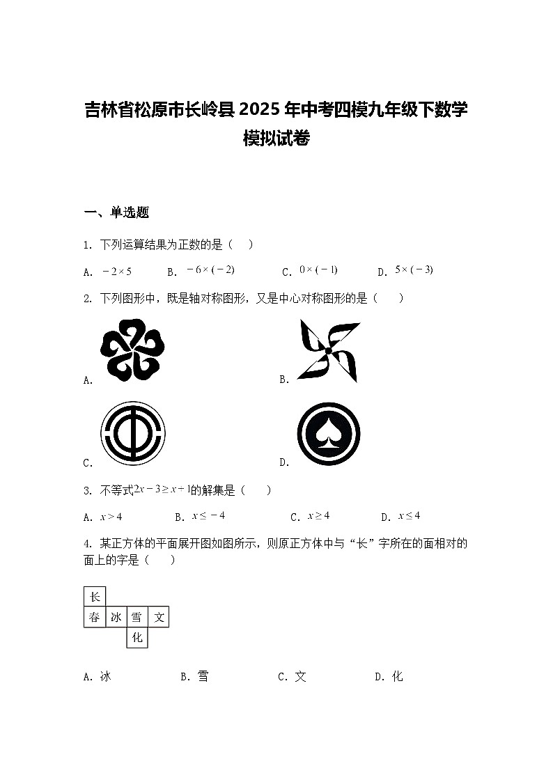 吉林省松原市长岭县2025年中考四模九年级下数学模拟试卷（含答案解析）第1页