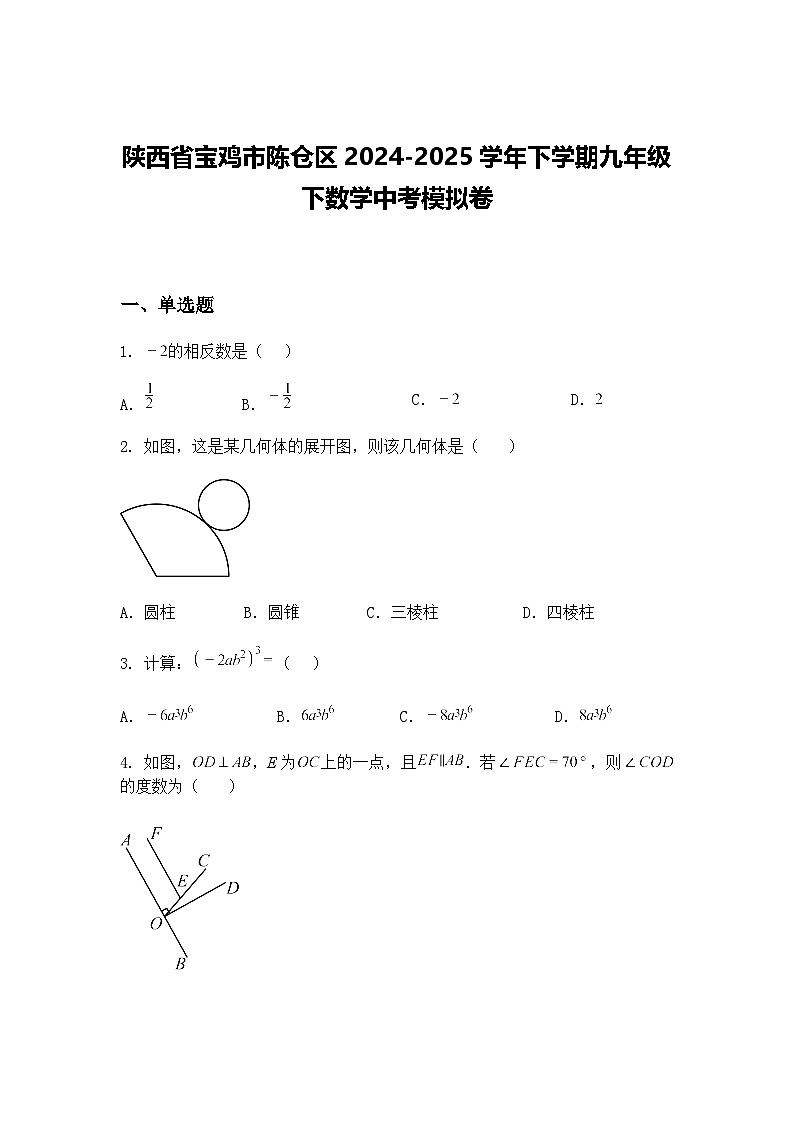 陕西省宝鸡市陈仓区2024-2025学年下学期九年级下数学中考模拟卷（含答案解析）第1页