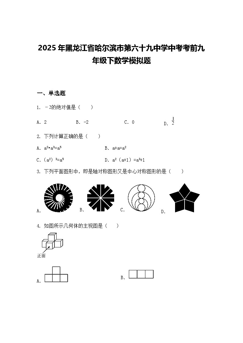2025年黑龙江省哈尔滨市第六十九中学中考考前九年级下数学模拟题（含答案解析）第1页