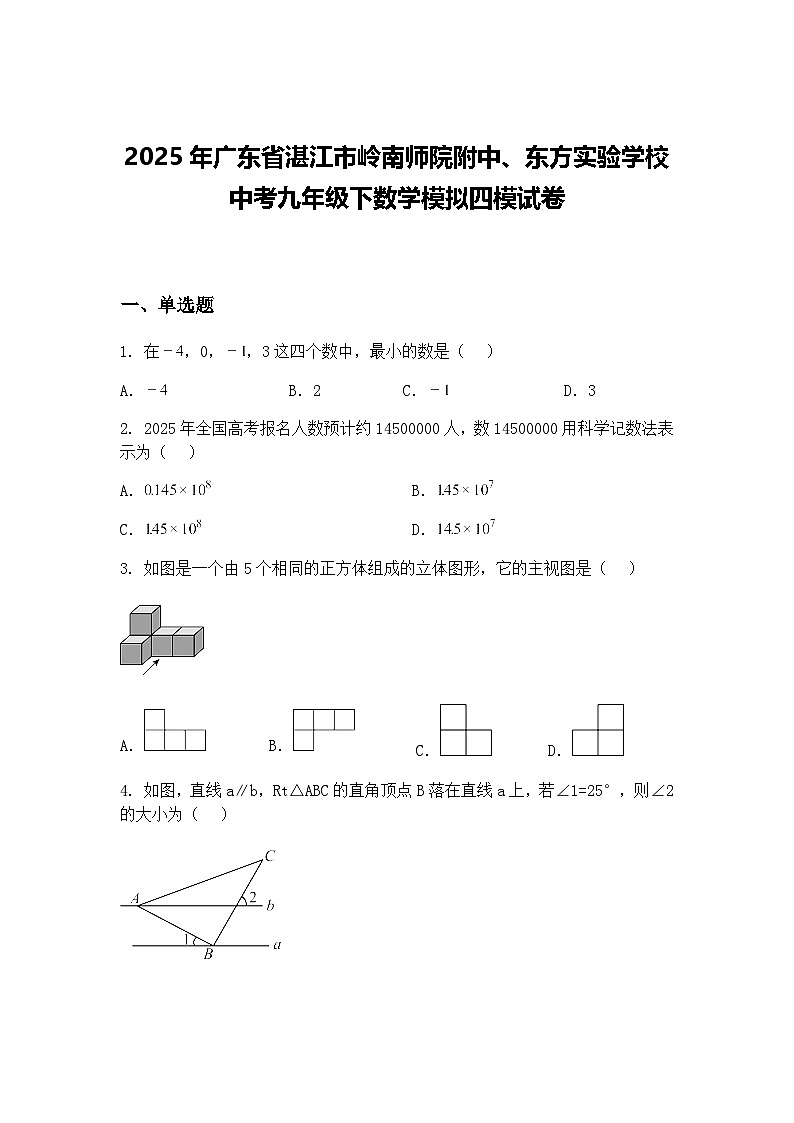 2025年广东省湛江市岭南师院附中、东方实验学校中考九年级下数学模拟四模试卷（含答案解析）第1页