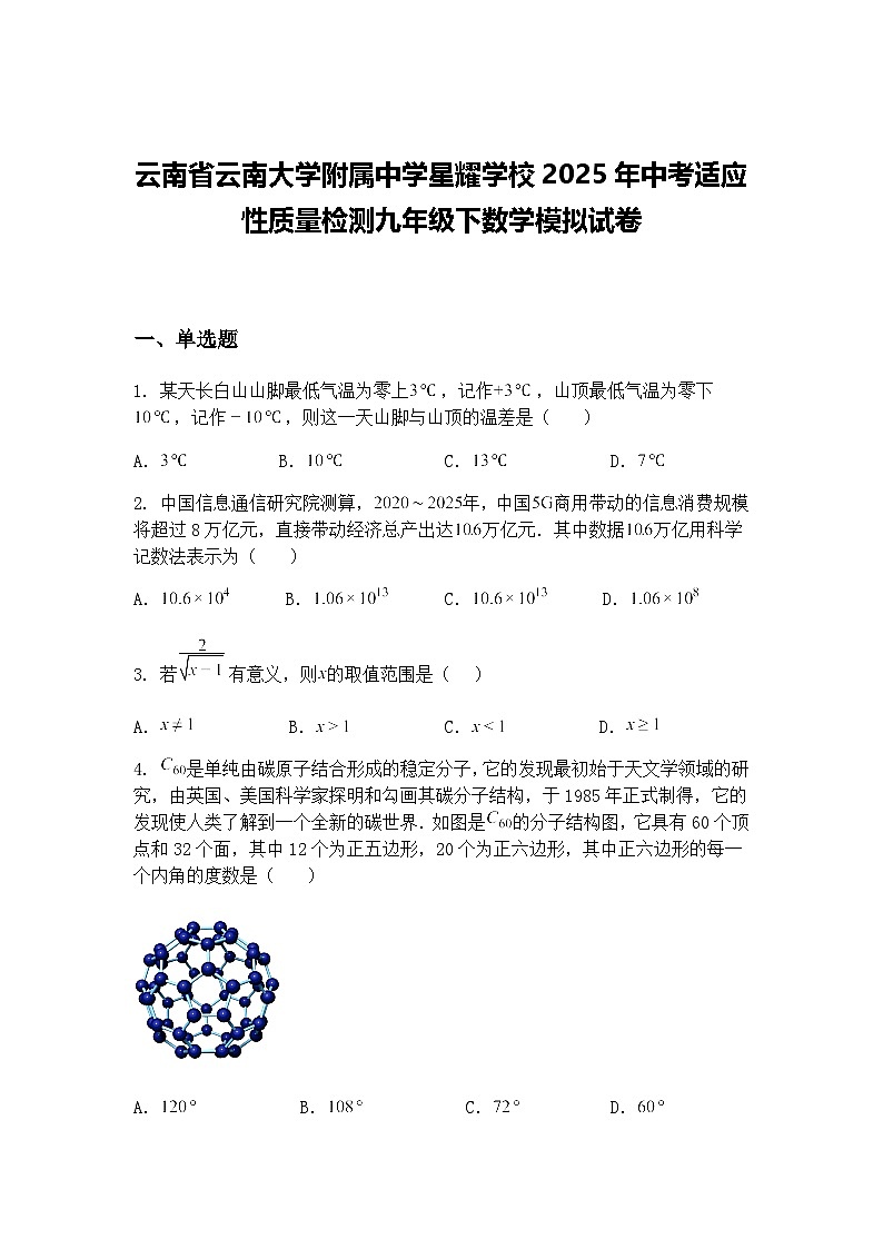 云南省云南大学附属中学星耀学校2025年中考适应性质量检测九年级下数学模拟试卷（含答案解析）第1页