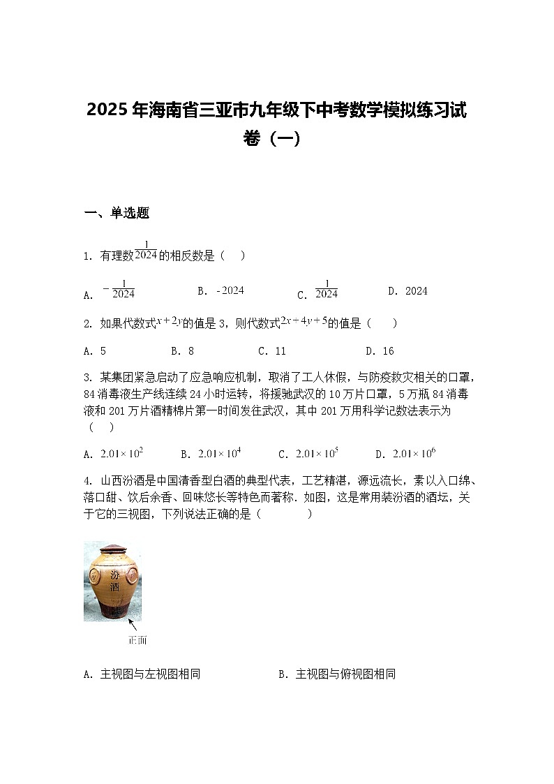 2025年海南省三亚市九年级下中考数学模拟练习试卷（一）（含答案解析）第1页