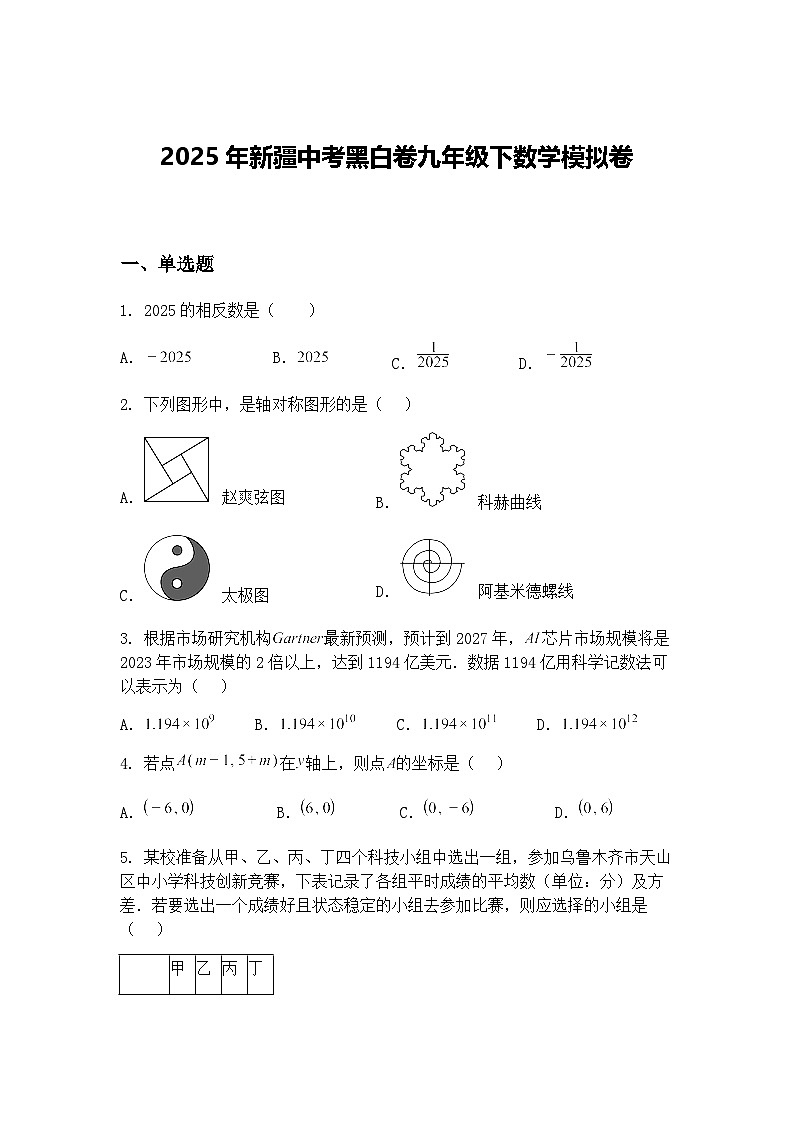 2025年新疆中考黑白卷九年级下数学模拟卷（含答案解析）第1页
