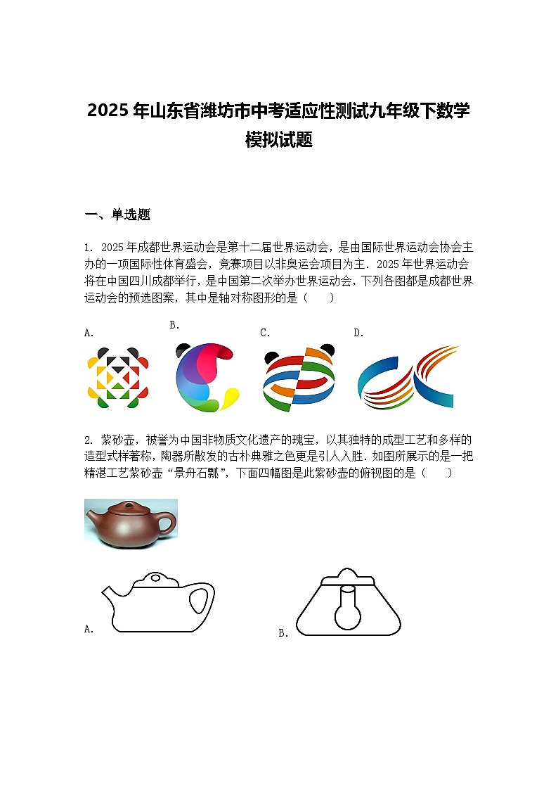 2025年山东省潍坊市中考适应性测试九年级下数学模拟试题（含答案解析）第1页