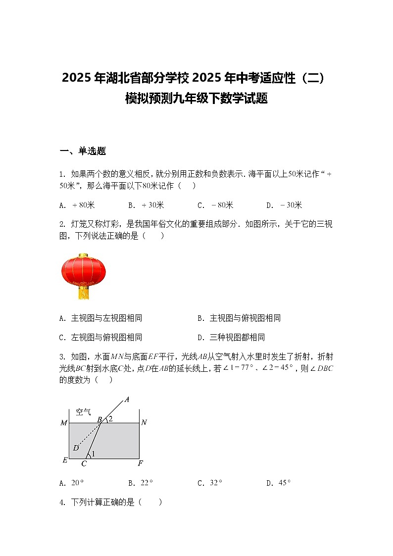 2025年湖北省部分学校2025年中考适应性（二）模拟预测九年级下数学试题（含答案解析）第1页