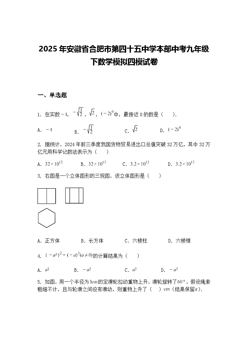 2025年安徽省合肥市第四十五中学本部中考九年级下数学模拟四模试卷（含答案解析）第1页