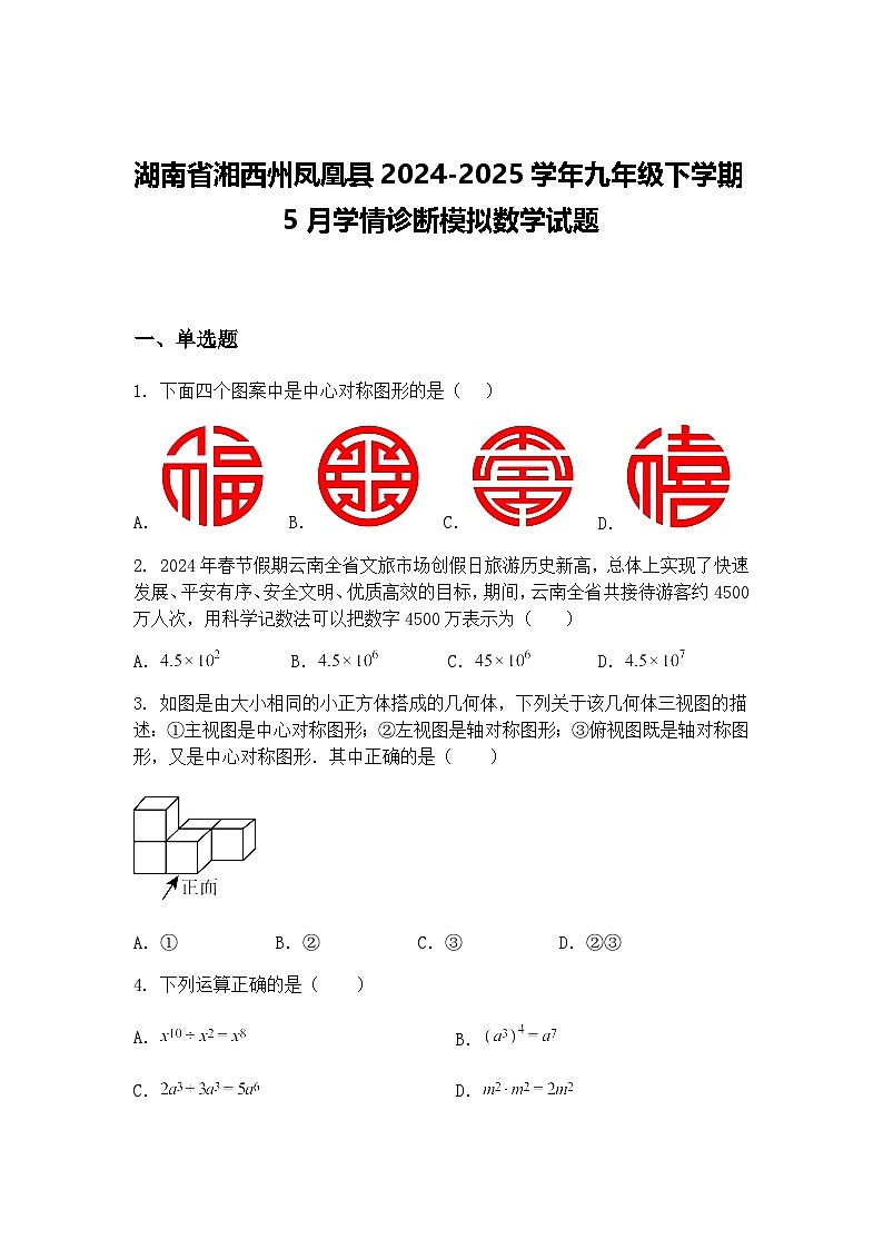 湖南省湘西州凤凰县2024-2025学年九年级下学期5月学情诊断模拟数学试题（含答案解析）第1页