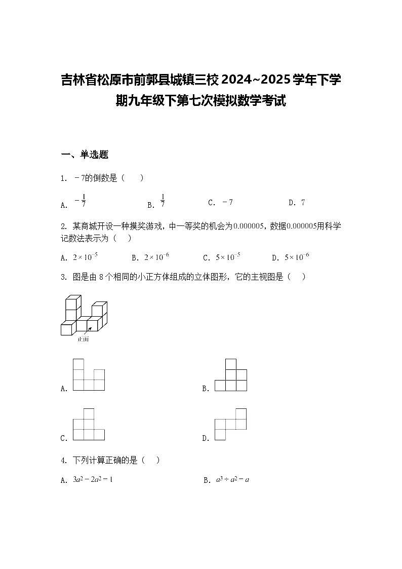 吉林省松原市前郭县城镇三校2024~2025学年下学期九年级下第七次模拟数学考试（含答案解析）第1页