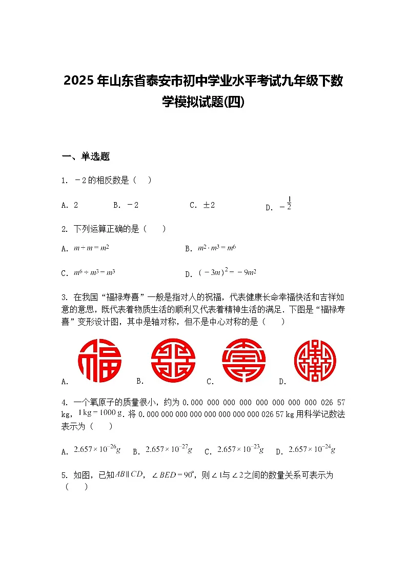 2025年山东省泰安市初中学业水平考试九年级下数学模拟试题(四)（含答案解析）第1页
