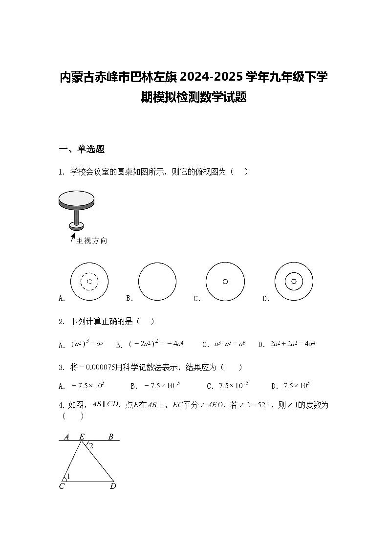 内蒙古赤峰市巴林左旗2024-2025学年九年级下学期模拟检测数学试题（含答案解析）第1页