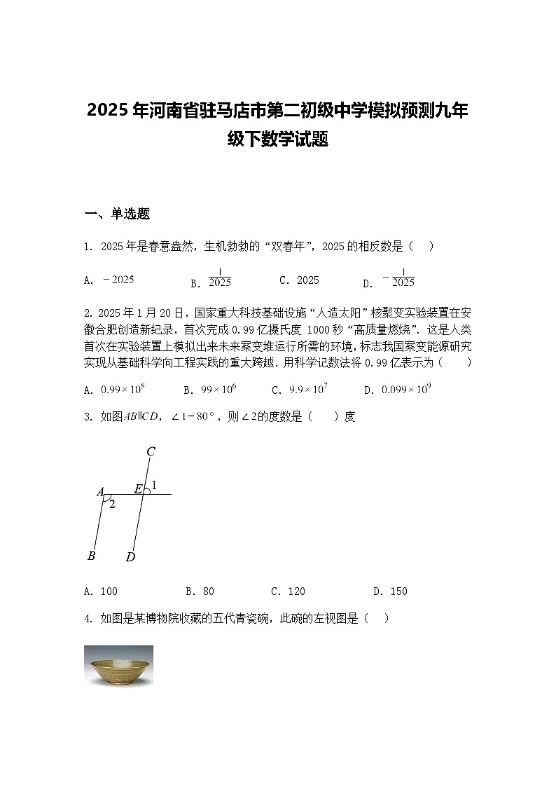 2025年河南省驻马店市第二初级中学模拟预测九年级下数学试题（含答案解析）第1页